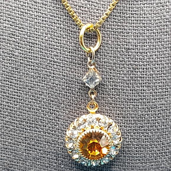 Vintage Light Topaz Rhinestone Pendant Necklace, Amerik FBM, Gold Filled Jewelry - Picture 6 of 10
